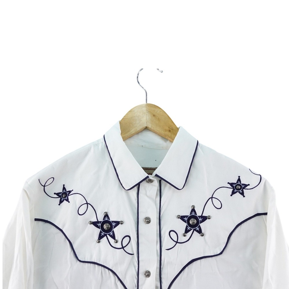 VTG Roper Womens M Western Shirt White Long‎ Sleeve Stars Embroidered Button Up